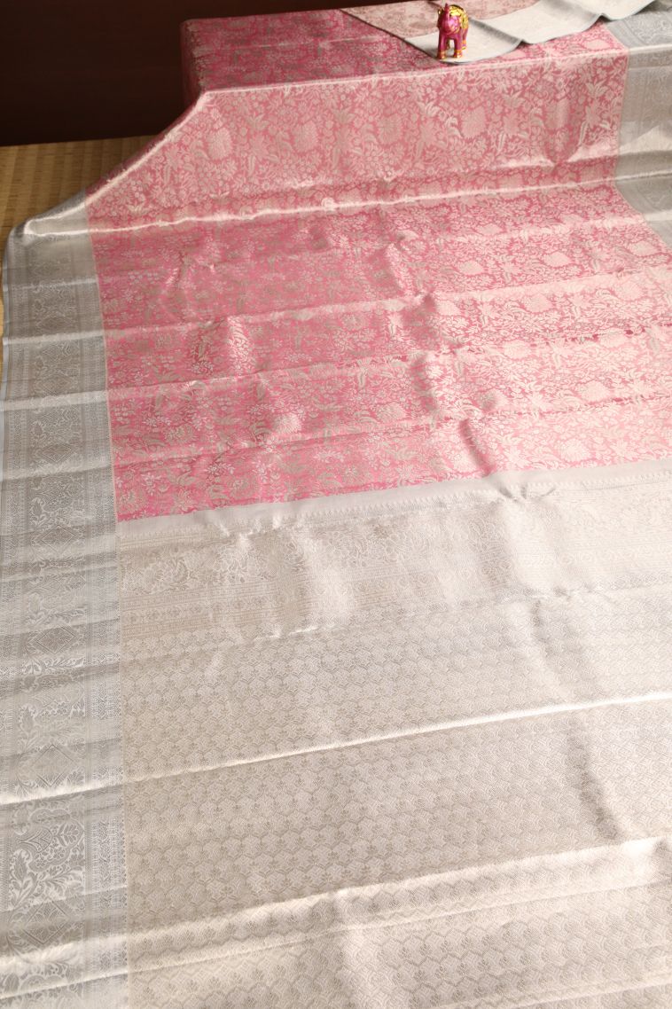 Salmon Pink Kanchipuram Silk Sarees with Silver Zari Floral Patterns view 2