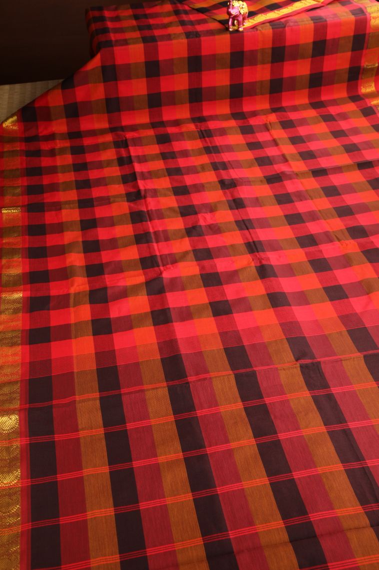 Rose Red Poly Cotton Sarees Gold Zari with Checks view 2