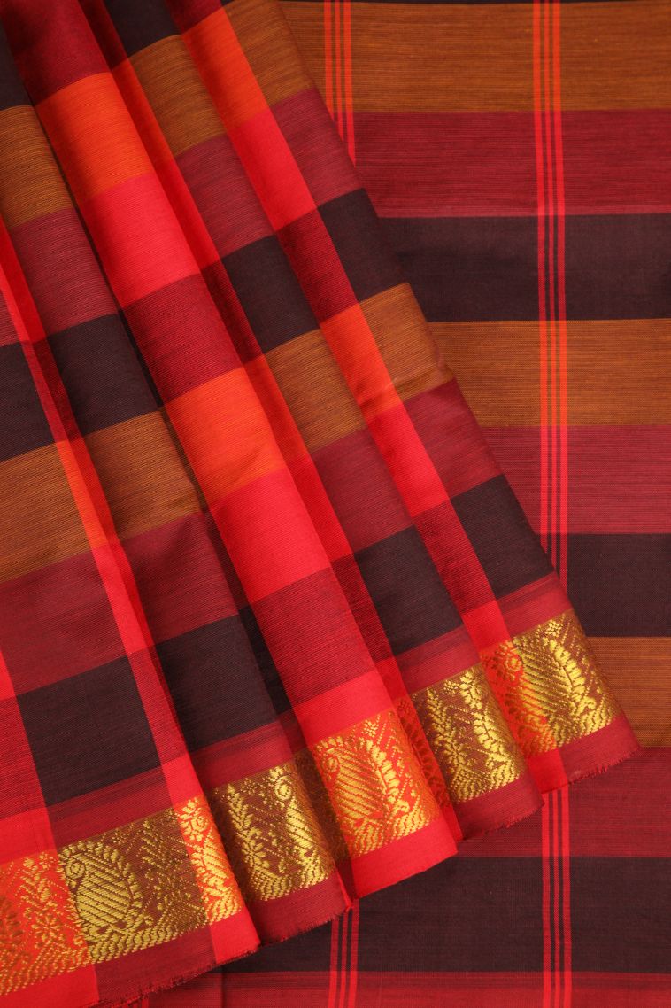 Rose Red Poly Cotton Sarees Gold Zari with Checks