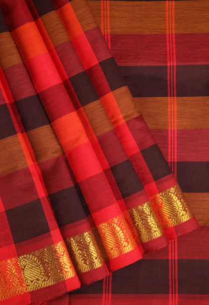 Rose Red Poly Cotton Sarees Gold Zari with Checks