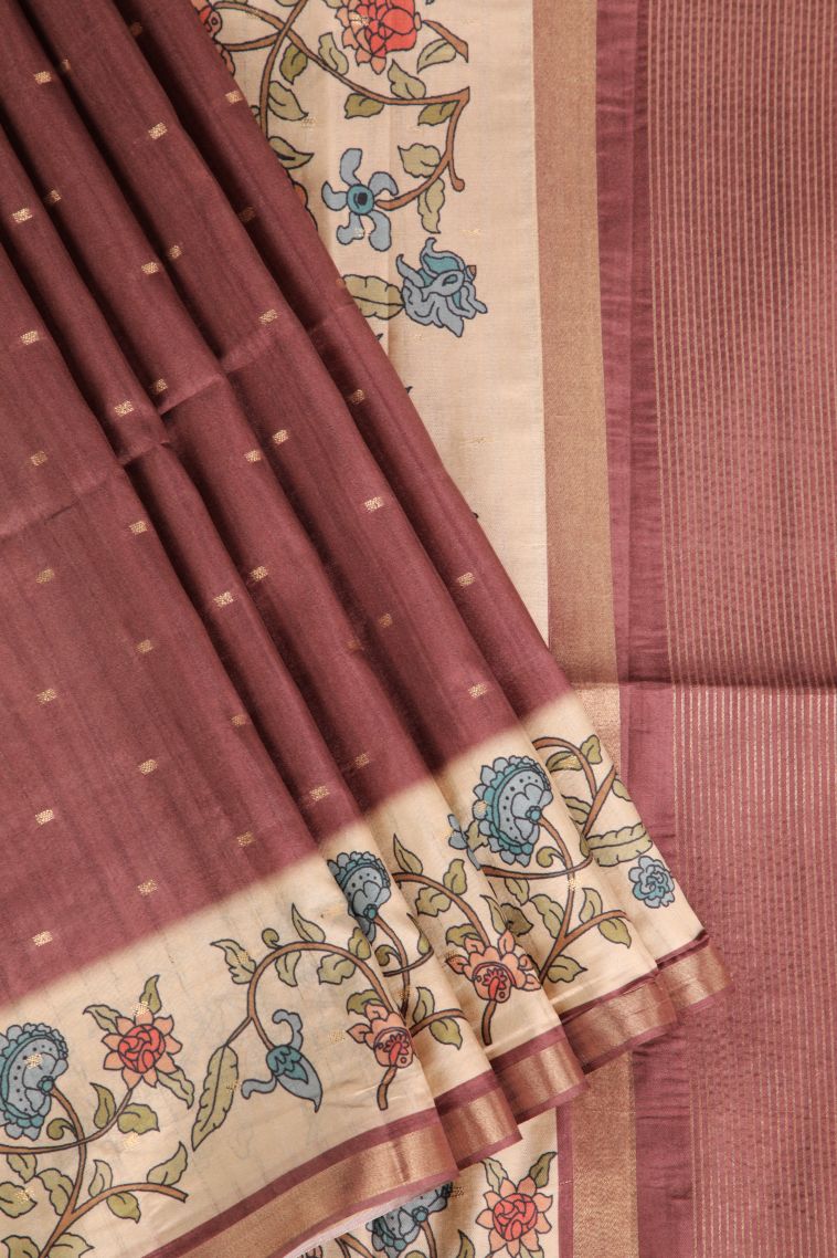 Blush Red Semi Raw Silk Printed Gold Zari with Zari Puttas view 1