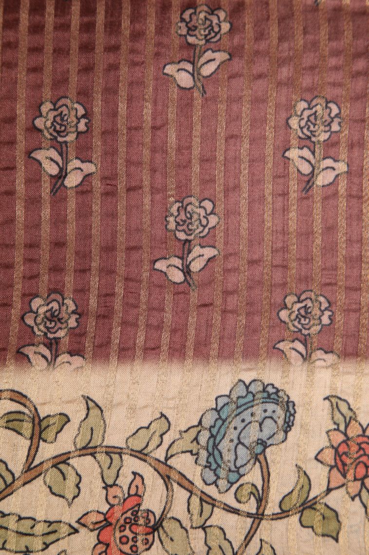 Blush Red Semi Raw Silk Printed Gold Zari with Zari Puttas view 3