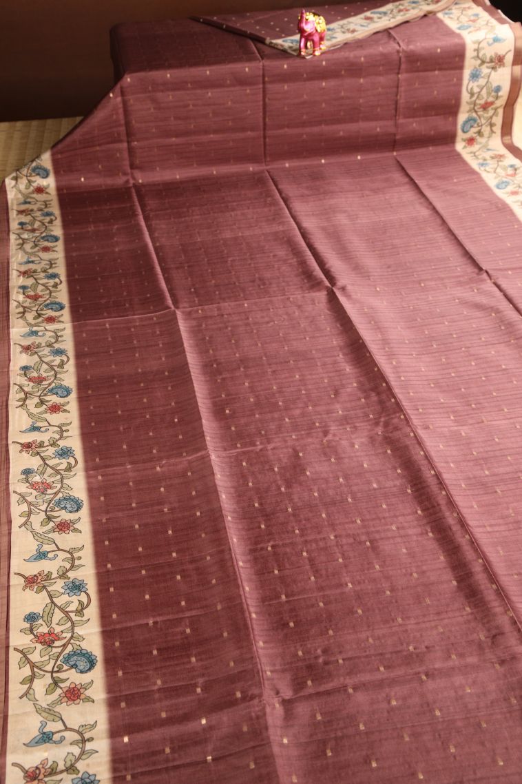 Blush Red Semi Raw Silk Printed Gold Zari with Zari Puttas view 2