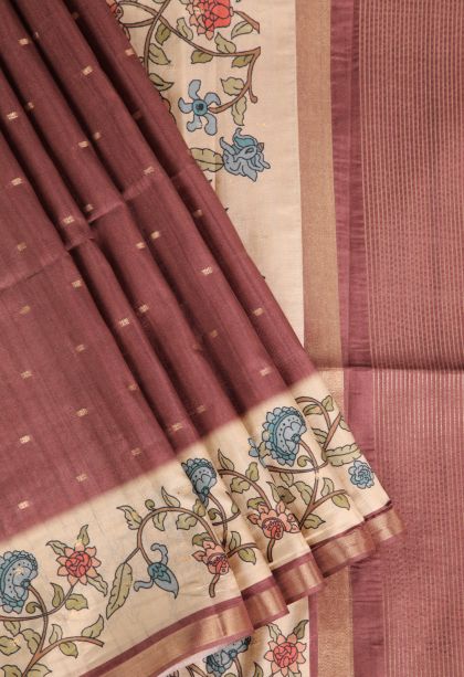 Blush Red Semi Raw Silk Printed Gold Zari with Zari Puttas