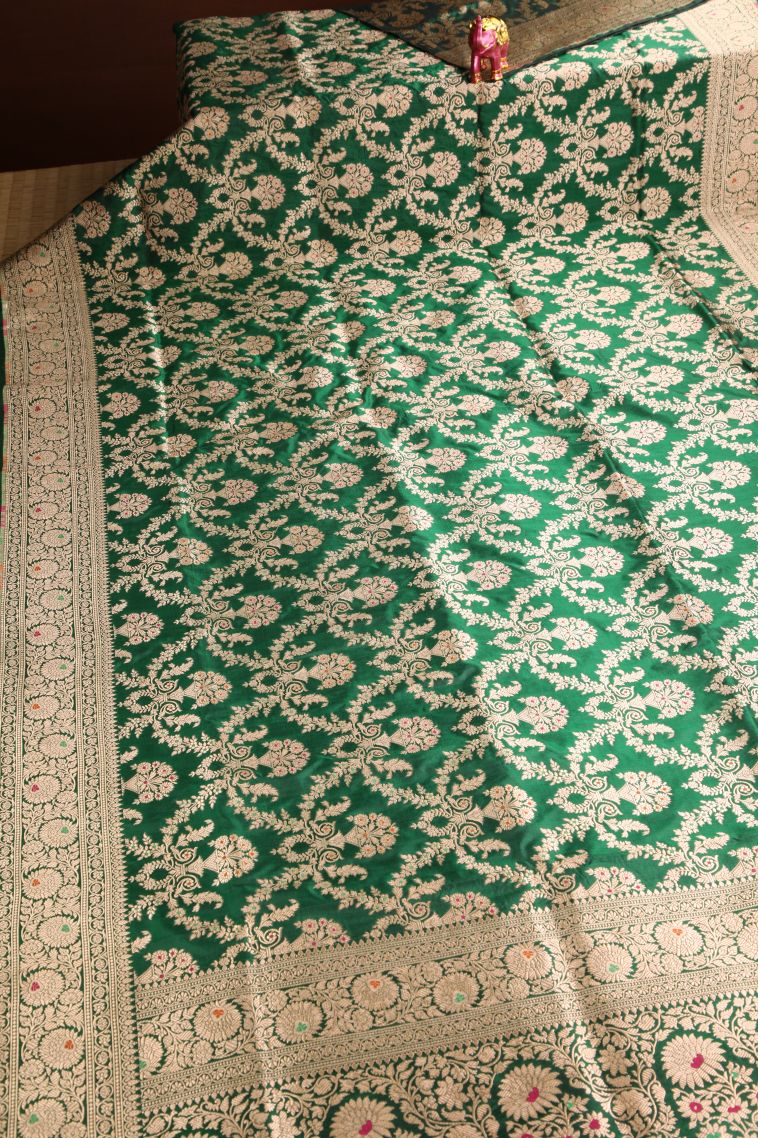 Basil Green Banaras Silk Saree Gold Zari with Floral Patterns view 2