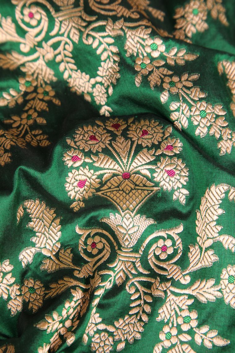 Basil Green Banaras Silk Saree Gold Zari with Floral Patterns view 4