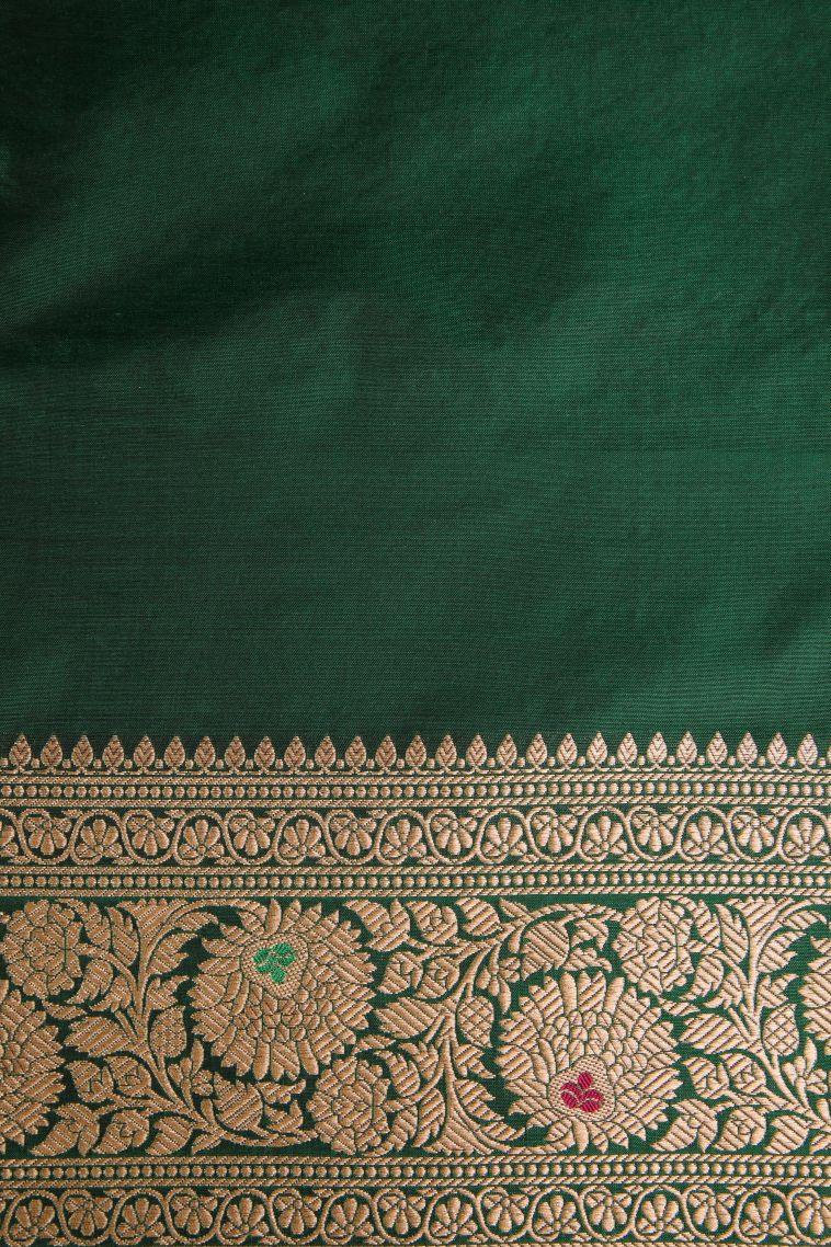 Basil Green Banaras Silk Saree Gold Zari with Floral Patterns view 3