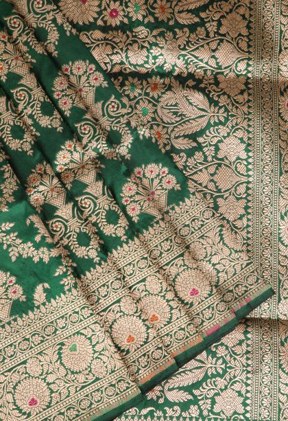 Basil Green Banaras Silk Saree Gold Zari with Floral Patterns