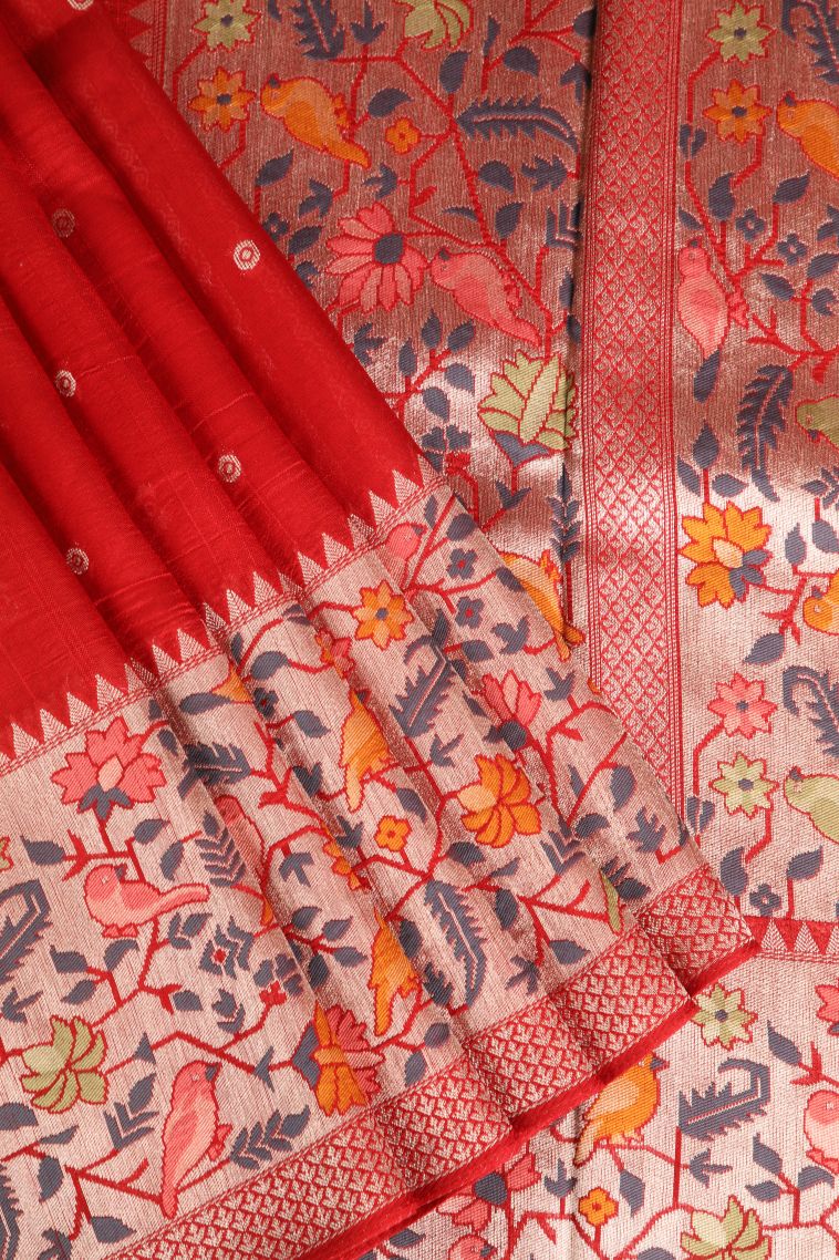 Candy Red Banaras Sarees with Silver Zari Floral Puttas view 1