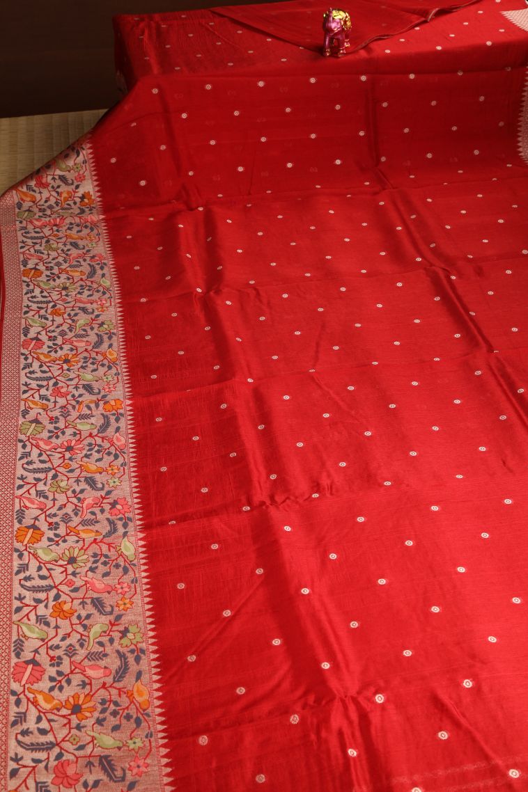 Candy Red Banaras Sarees with Silver Zari Floral Puttas view 2