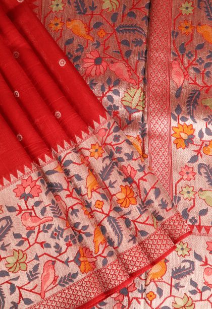 Candy Red Banaras Sarees with Silver Zari Floral Puttas