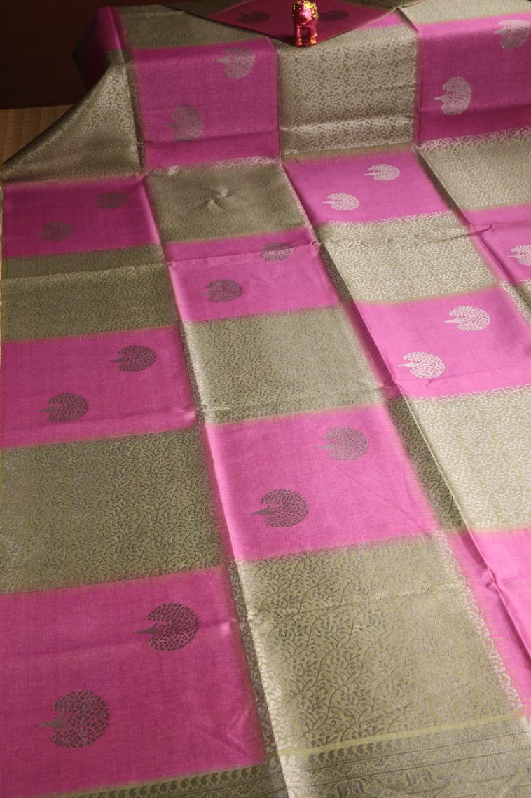 Sage Green Semi Tussar Silk with Antic Zari Tree Mottif view 2