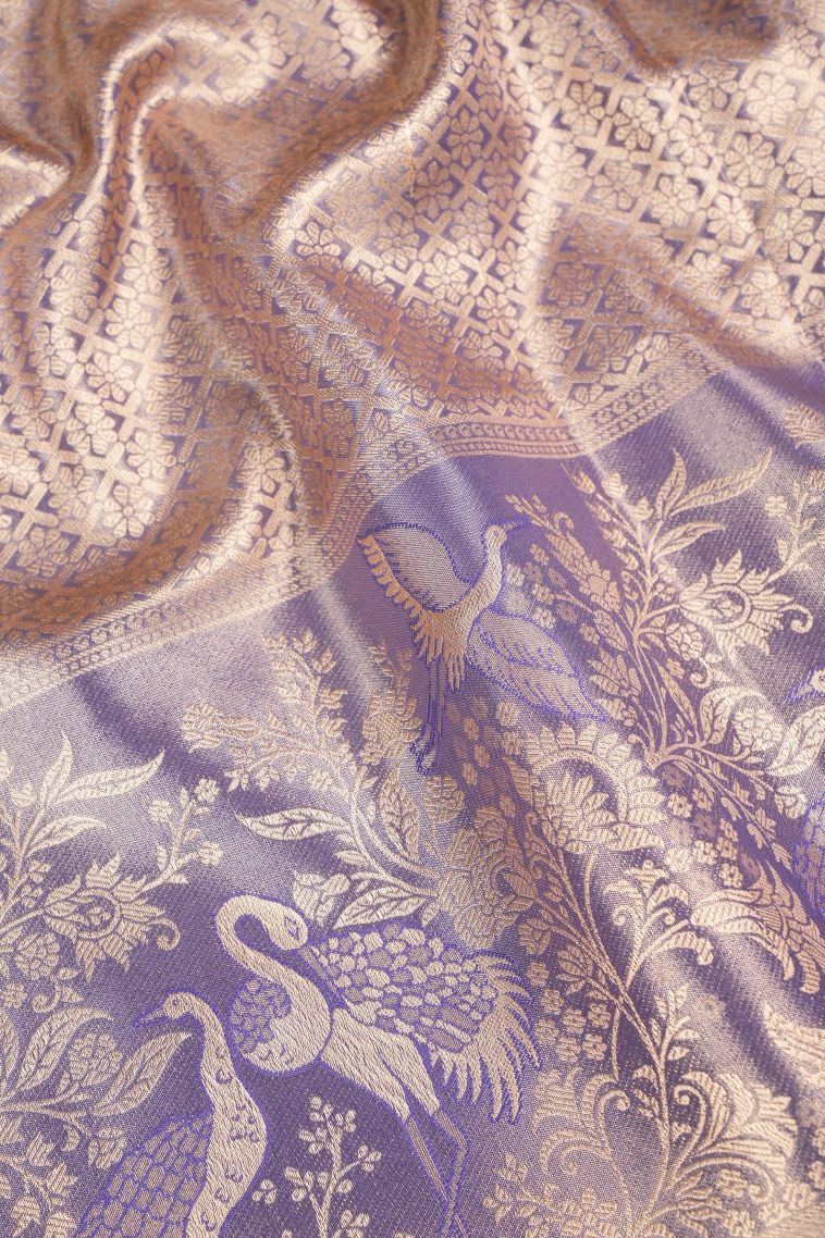 Peach Pink Apoorva Silk Sarees with Gold Zari Floral Patterns view 3