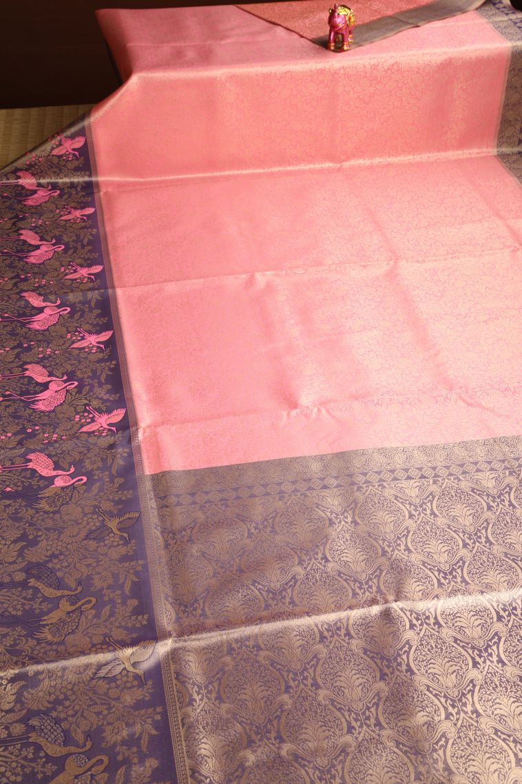 Peach Pink Apoorva Silk Sarees with Gold Zari Floral Patterns view 2