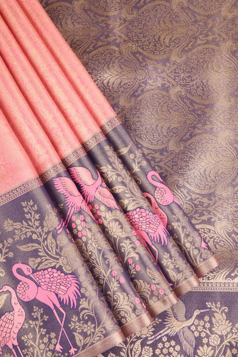Peach Pink Apoorva Silk Sarees with Gold Zari Floral Patterns view 1