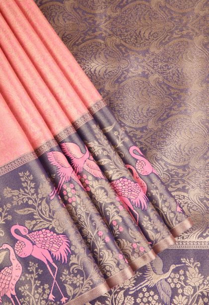 Peach Pink Apoorva Silk Sarees with Gold Zari Floral Patterns