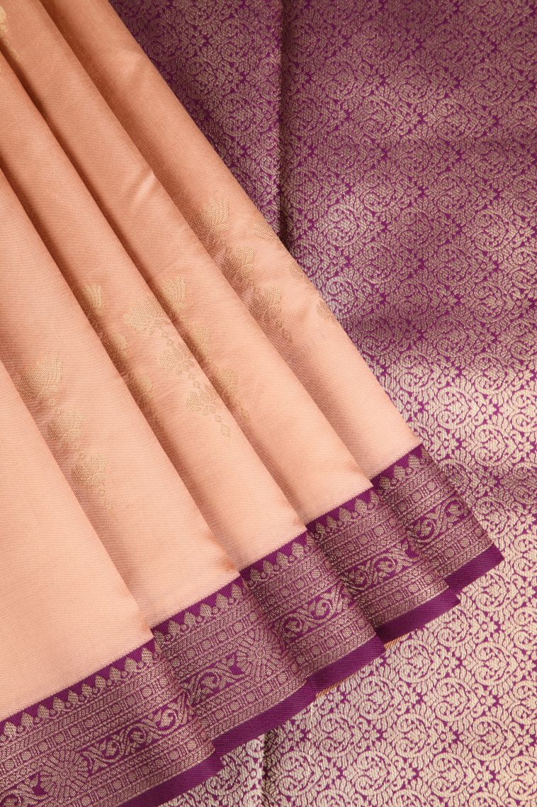Cantaloupe Orange Raw Silk Sarees with Gold Zari Floral Patterns