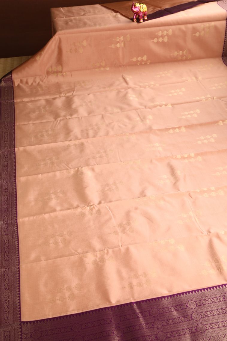 Cantaloupe Orange Raw Silk Sarees with Gold Zari Floral Patterns view 2