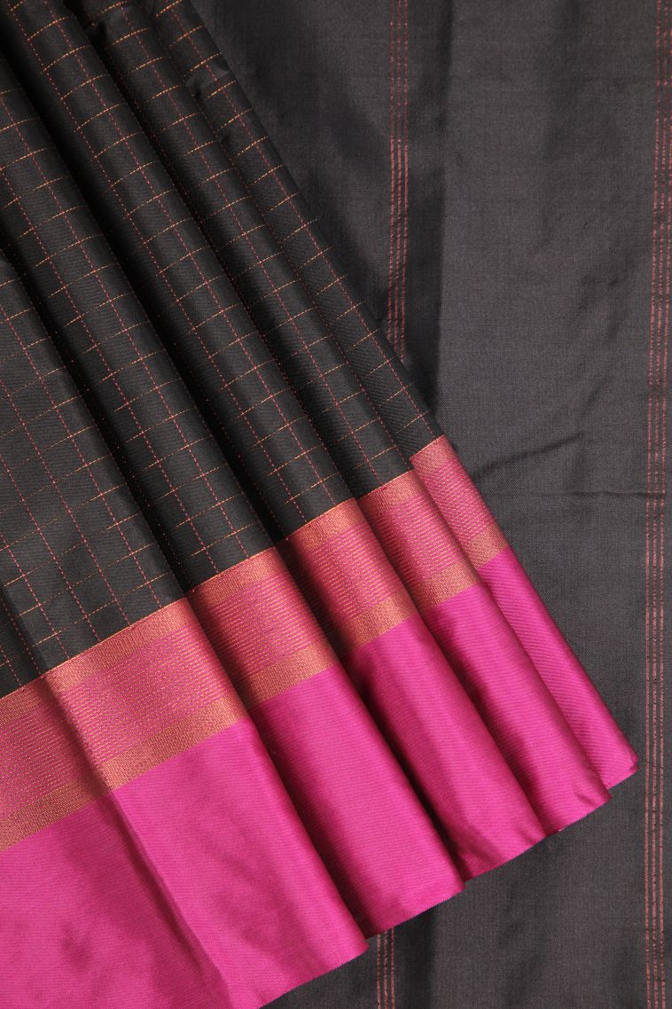 Charleston Black Arani Silk Sarees Copper Zari with Checks view 1
