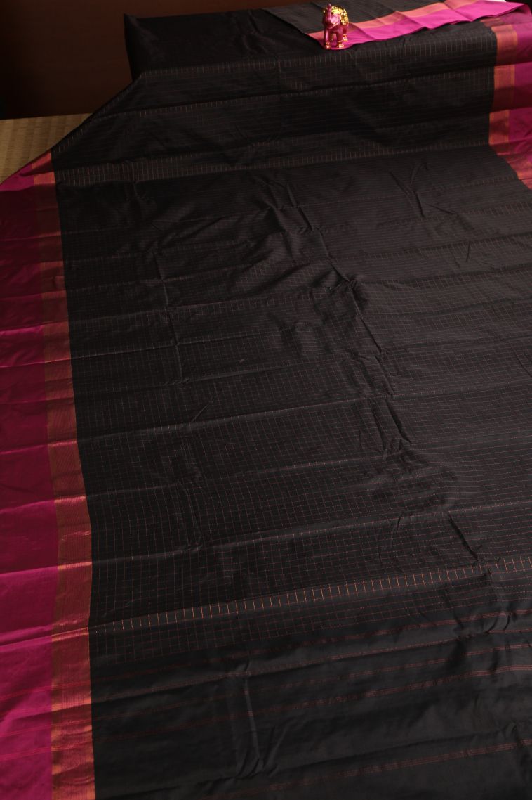 Charleston Black Arani Silk Sarees Copper Zari with Checks view 2