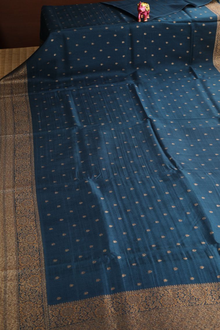 Aegean Blue Banaras Sarees Antic Zari with Floral Puttas view 2