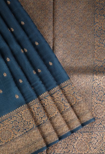 Aegean Blue Banaras Sarees Antic Zari with Floral Puttas