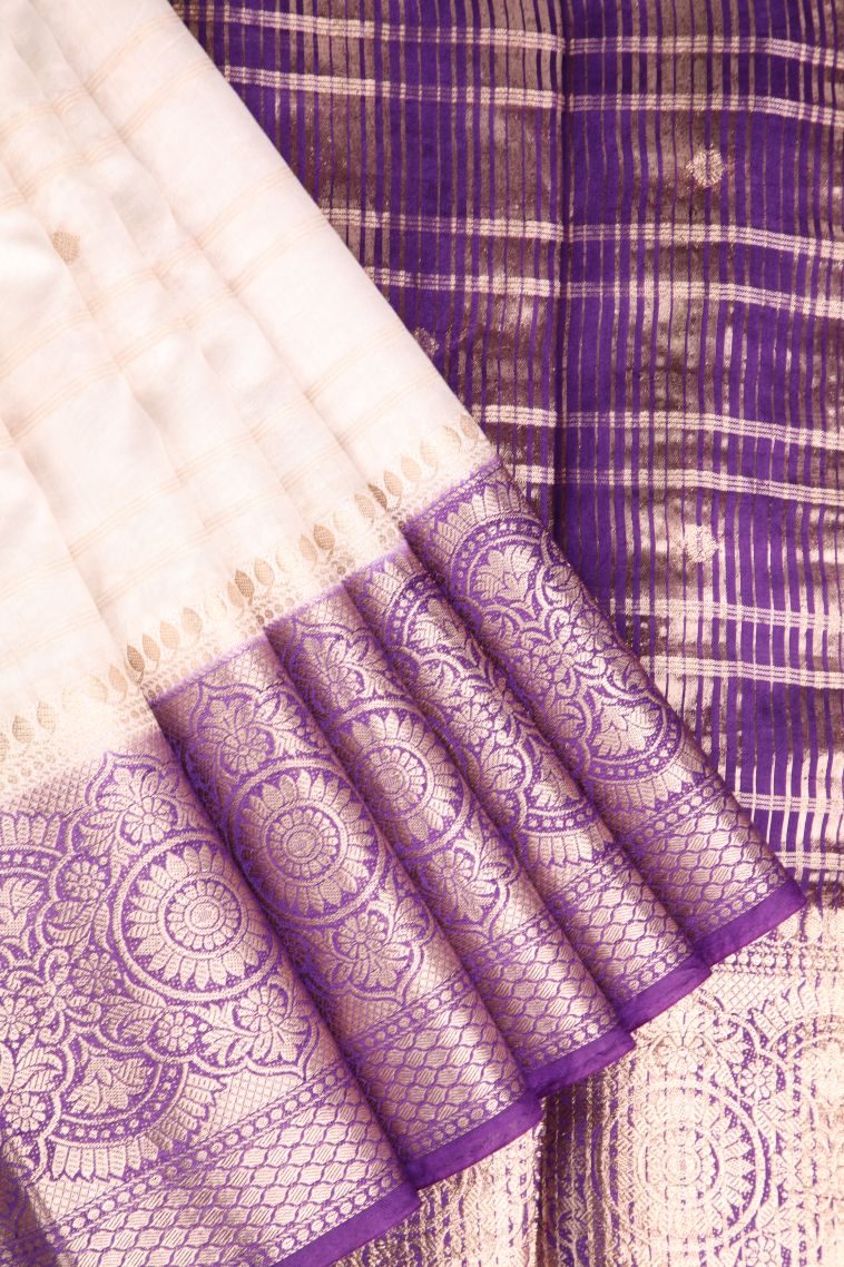 Alabaster White Chanderi Cotton Sarees Antic Zari with Cross Straipes