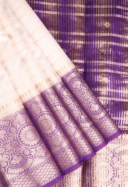 Alabaster White Chanderi Cotton Sarees Antic Zari with Cross Straipes