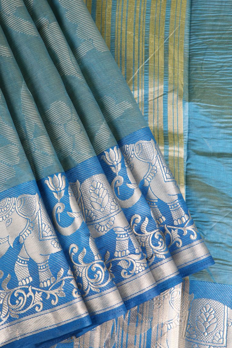 Stone Blue Organza Saree with Silver Zari Floral Patterns view 1
