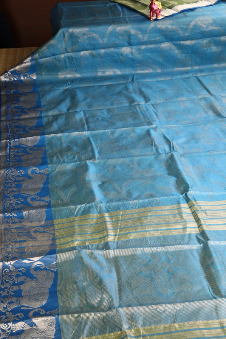 Stone Blue Organza Saree with Silver Zari Floral Patterns view 2