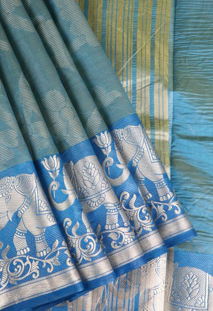 Stone Blue Organza Saree with Silver Zari Floral Patterns