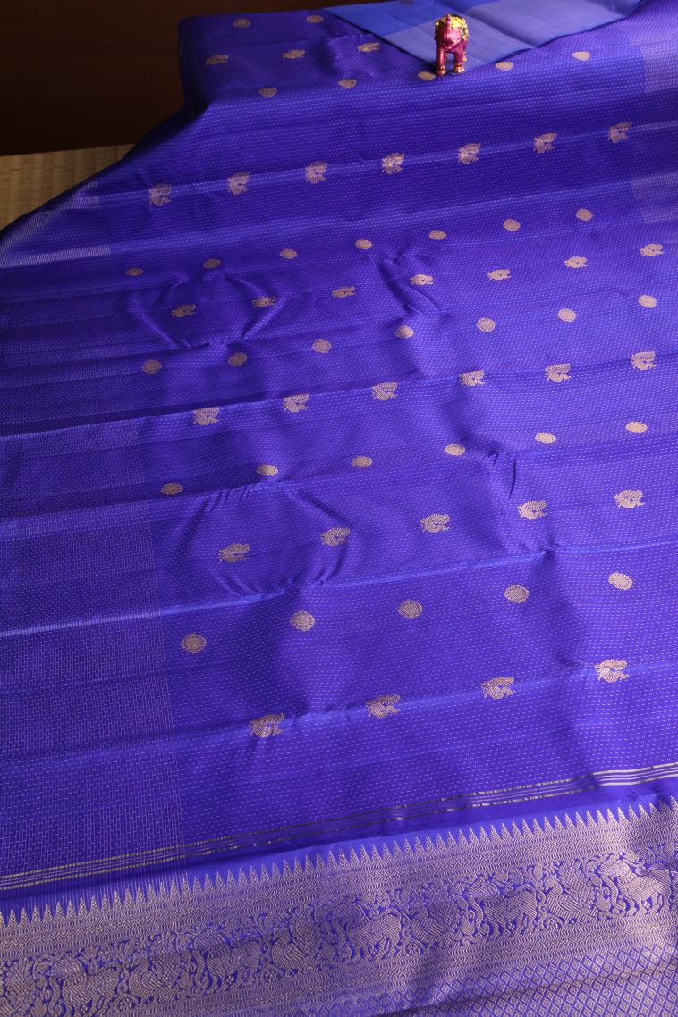 Lapis Blue Kanchipuram Silk Sarees Gold Zari with Rudhracham Annam Motif view 2