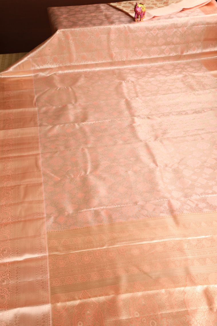 Flamingo Pink Apoorva Silk Sarees with Gold And Silver Zari Floral Patterns view 2