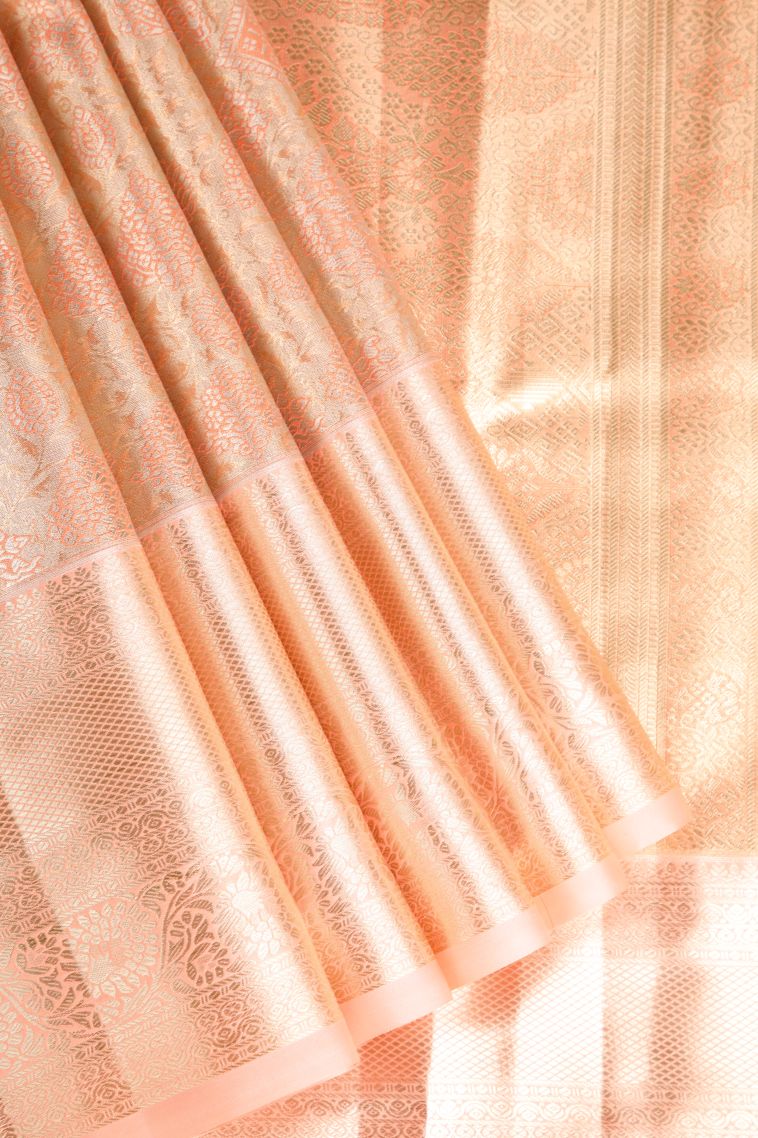 Flamingo Pink Apoorva Silk Sarees with Gold And Silver Zari Floral Patterns view 1
