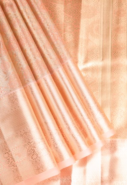 Flamingo Pink Apoorva Silk Sarees with Gold And Silver Zari Floral Patterns