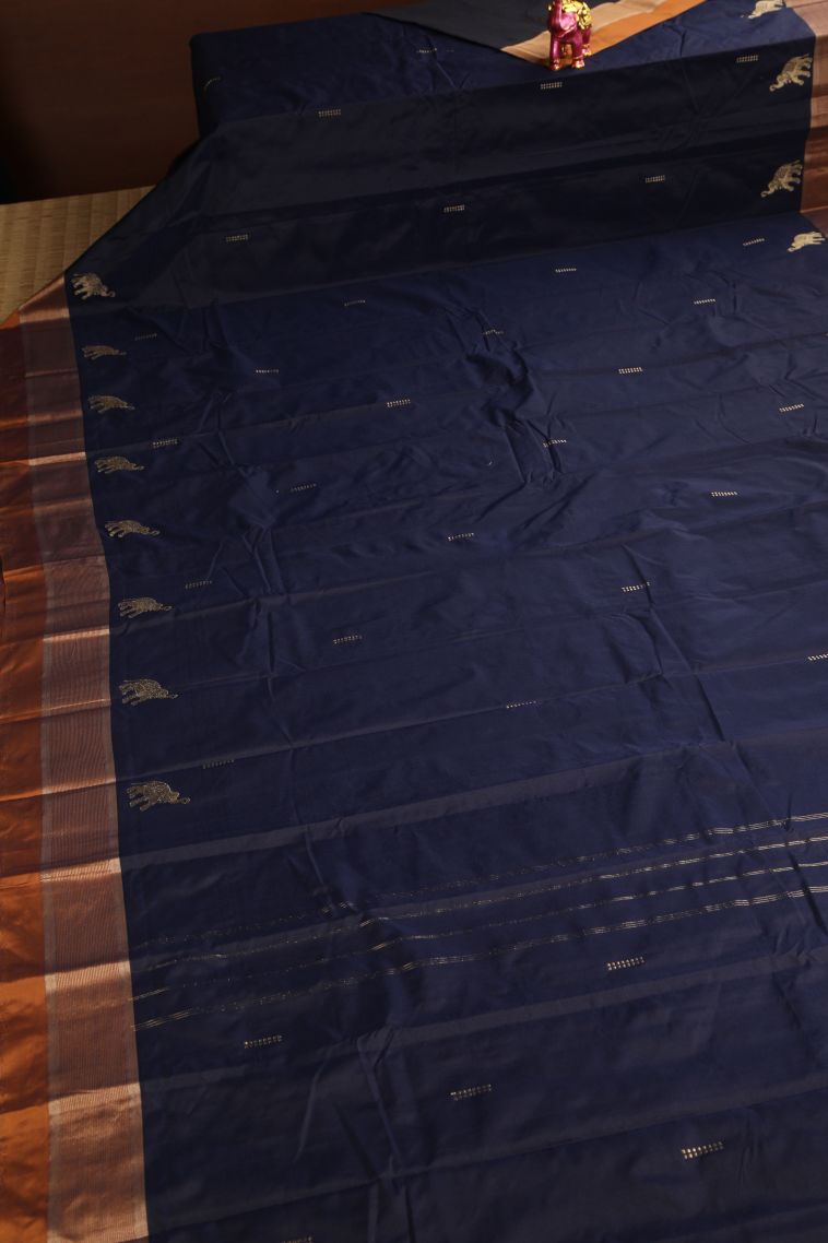 Indigo Blue Arani Silk Sarees Gold And Silver Zari with Buttis (small Dots Or Motifs) view 2