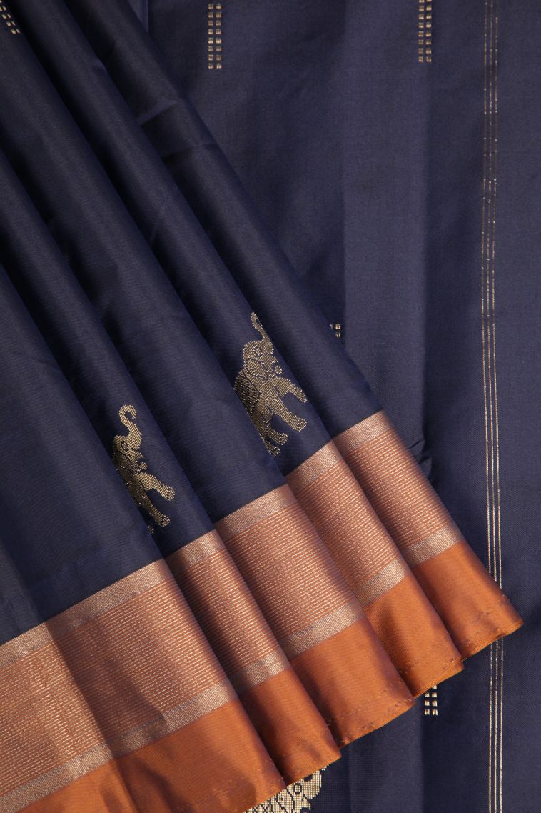 Indigo Blue Arani Silk Sarees Gold And Silver Zari with Buttis (small Dots Or Motifs) view 1