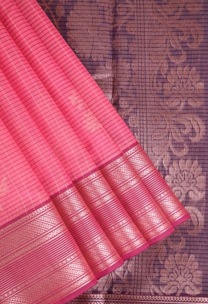 Rouge Pink Silk Cotton Sarees with Copper Zari Floral Patterns