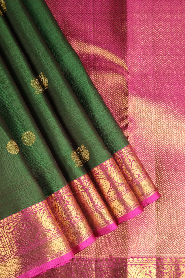 Basil Green Kanchipuram Silk Sarees with Gold Zari Peacock And Rudhractam view 1