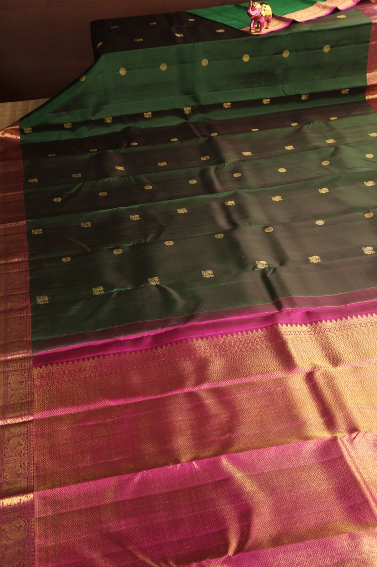 Basil Green Kanchipuram Silk Sarees with Gold Zari Peacock And Rudhractam view 2