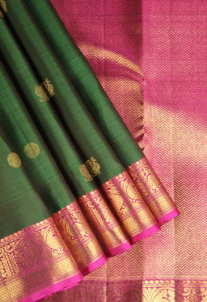 Basil Green Kanchipuram Silk Sarees with Gold Zari Peacock And Rudhractam