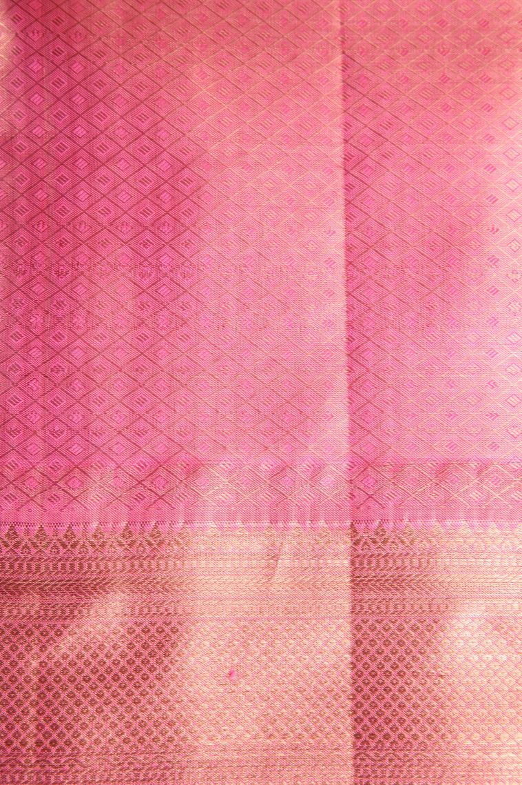 Rouge Pink Kanchipuram Silk Sarees with Gold And Silver Zari Floral Patterns view 3