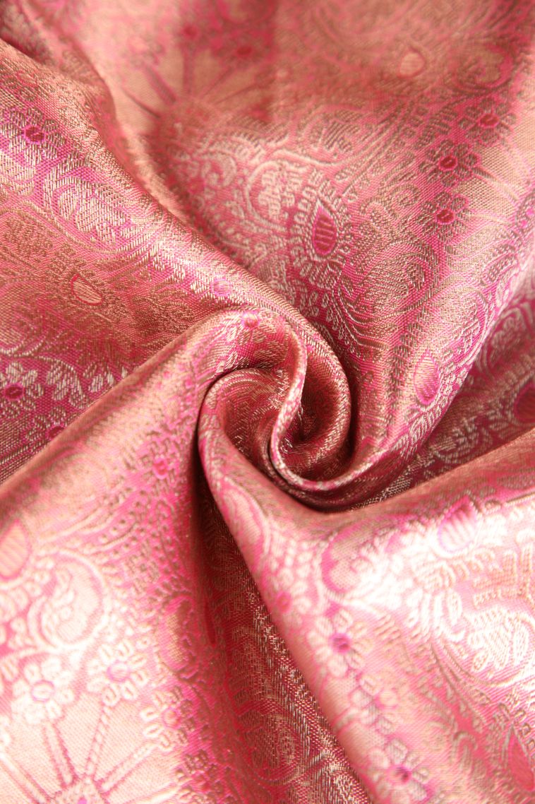 Rouge Pink Kanchipuram Silk Sarees with Gold And Silver Zari Floral Patterns view 4