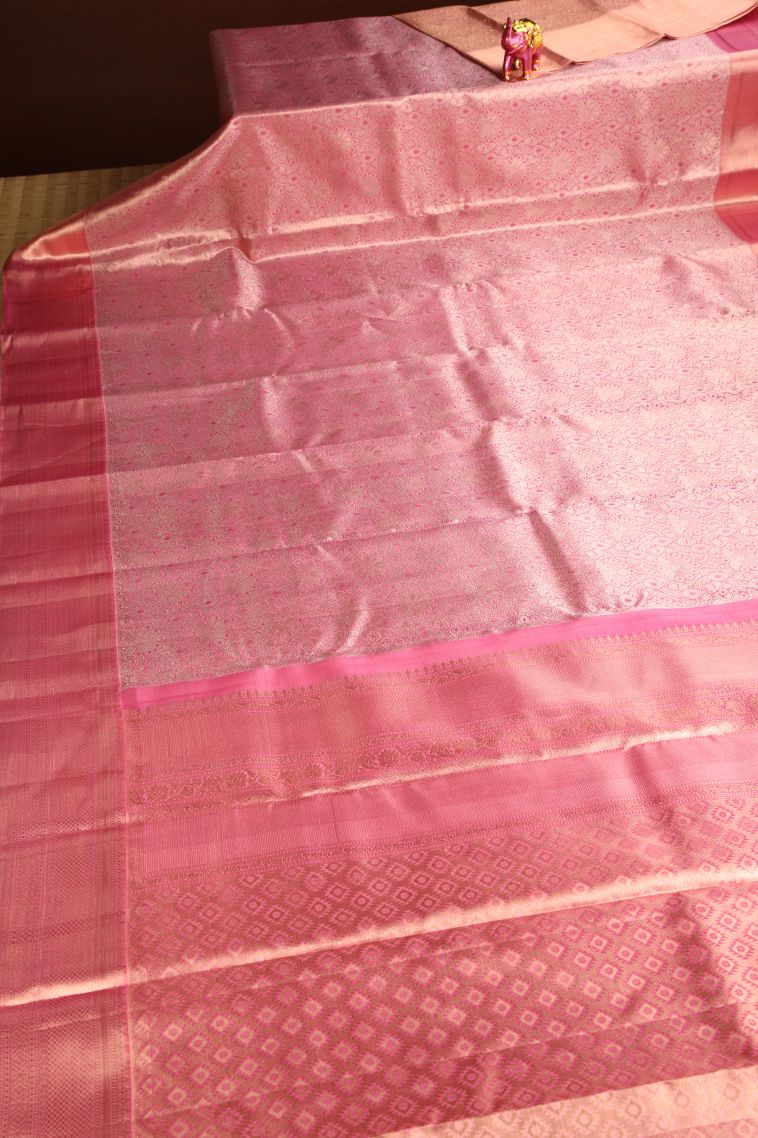 Rouge Pink Kanchipuram Silk Sarees with Gold And Silver Zari Floral Patterns view 2