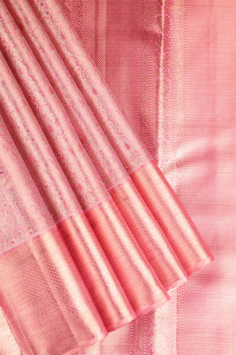 Rouge Pink Kanchipuram Silk Sarees with Gold And Silver Zari Floral Patterns view 1