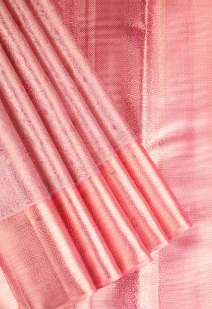 Rouge Pink Kanchipuram Silk Sarees with Gold And Silver Zari Floral Patterns