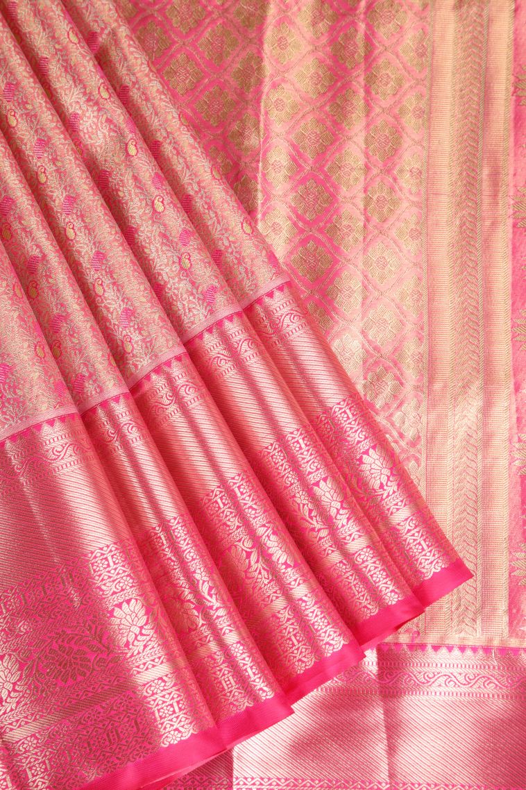 Bubblegum Pink Apoorva Silk Sarees with Gold Zari Floral Patterns view 1