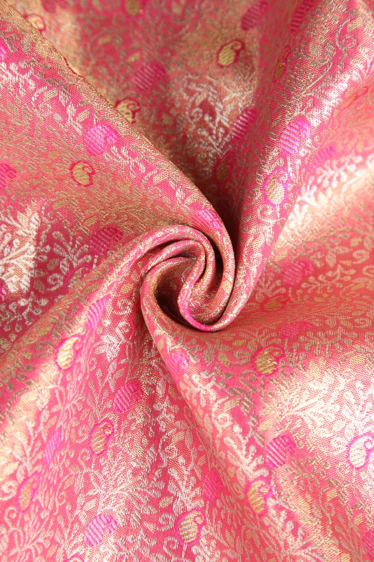 Bubblegum Pink Apoorva Silk Sarees with Gold Zari Floral Patterns view 4