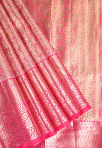 Bubblegum Pink Apoorva Silk Sarees with Gold Zari Floral Patterns