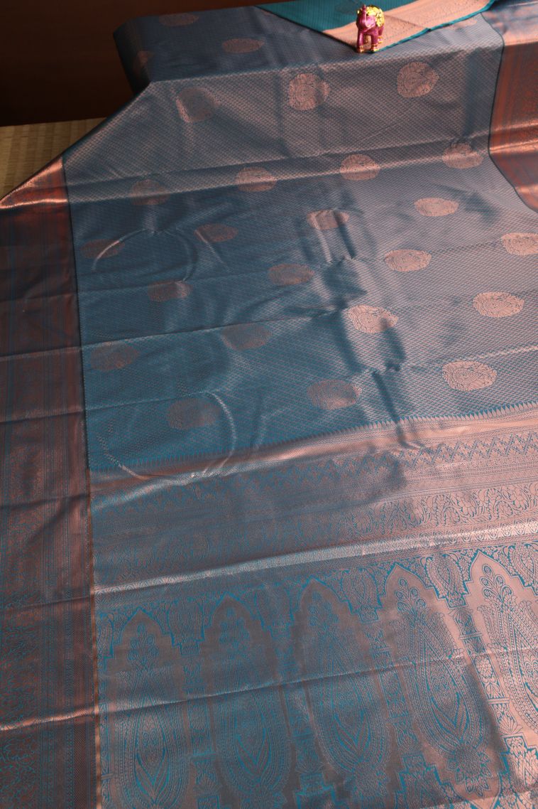Ocean Blue Apoorva Silk Sarees Copper Zari with Floral Puttas view 2